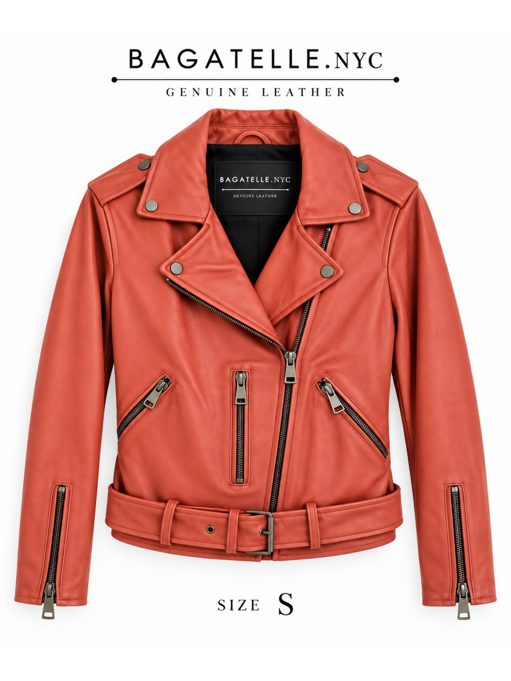 🤎Bagatelle.NYC Brown Genuine Leather Biker Moto Jacket with Hardware, Size S
